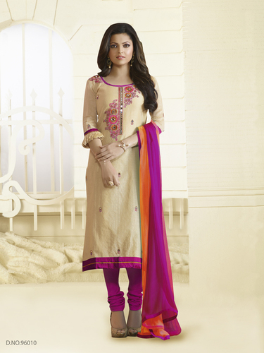 Fancy Embroidered Suits - Cotton, Knee-length, Beige With Digital Print Border, Floral Embroidery, Elegant Design