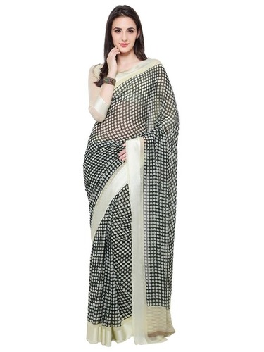 Exclusive Saree - Linen, 5.5 Meters, Cream, Contrast Stripe & Checks Border | Elegant Design, Soft Fabric, Comfortable Wear