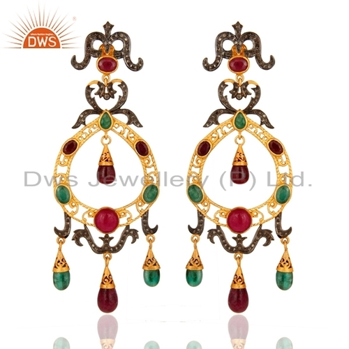 Ruby Emerald Gemstone Diamond Designer Womens Earrings Jewelry