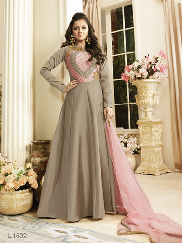 Bollywood Dress Material - Net Silk Floor Length Beige, Crystal Patch Work, Coat Style Anarkali Suit, Royal Pink Dupatta