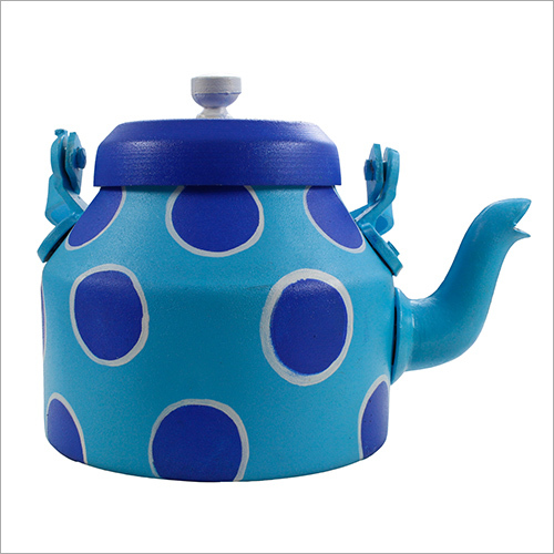 Trendy Kettle for Return Gift - Aluminium 14cm x 14cm, Blue Polka Dots | Hand-Painted, Durable, Heat Resistant Rubber Grip