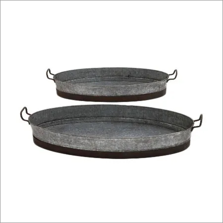 Galvanized Oval Tray Set - Iron Material, 25cm Dimensions, Natural Finish | Lightweight Design, Rust-Free Coating, Double Alloy Protection