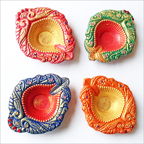 Diwali Diyas - Clay, 3x3x1 Inch, Red | Intricate Design, Vibrant Colors, Eco-Friendly, Set of 4, 2-3 Hours Burn Time