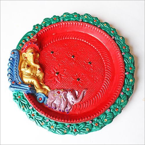 Ganesh Thali - Resin, 12 Inch Diameter, Red | Handcrafted, Intricate Design, Glossy Finish, Religious Motif