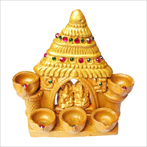 5 Diya Mandir - Ceramic, 10x8x6 Inches, Gold | Elegant Design, Five Diyas, Religious Motif, Intricate Detailing