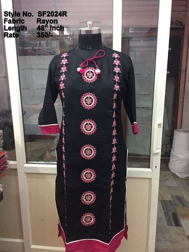 Rayon Embroidery - Rayon, 1168.4 mm A-Line, Girls' 3/4 Sleeve Ethnic Kurti, Summer Casual Wear in Sizes S-XXL | Embroidered Design