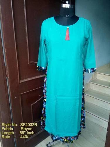 Double Layer Cotton Kurti - Long A-Line Fancy Embroidered in Cotton and Rayon, 3-4th Sleeve, Casual Daily Wear for Girls