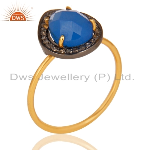 18k Gold Plated Silver Blue Chalcedony Gemstone Rings Jewelry