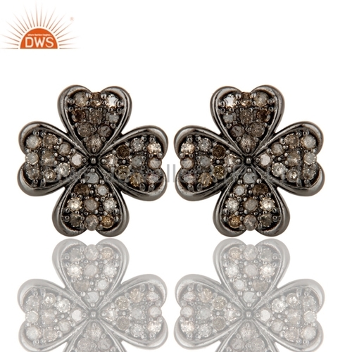 Rhodium Plated Silver Floral Diamond Stud Earrings Jewelry - 10x10 mm, Black Rhodium, Pave Set Diamonds