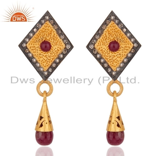 Natural Ruby Gemstone Designer Gold Plated Earrings Jewelry Supplier - 925 Sterling Silver, 15x15 mm, Gold Plated, Pave Diamond, Wedding Suitable