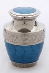 Brass Pet Urn - 14cm Solid Brass, Royal Blue Enameled Finish, Silver Engraved Design | Modern European Style, Smooth Felt Base, 1.50 Liter Capacity