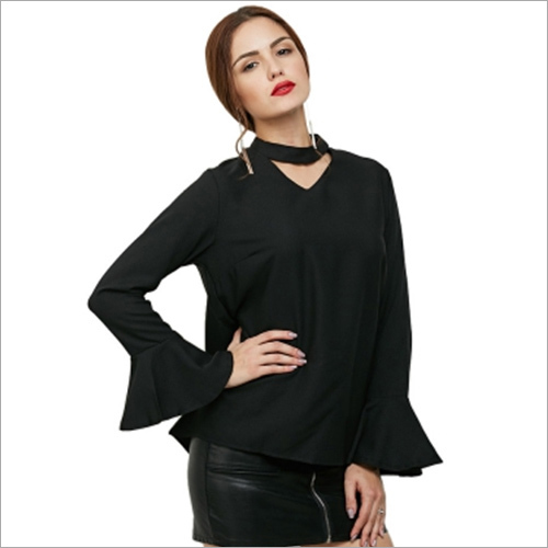 Halter Flare Sleeve Zipper Design Chiffon Blouse