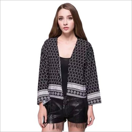 Retro Style Sleeve Printed Fringed Kimono Blouse