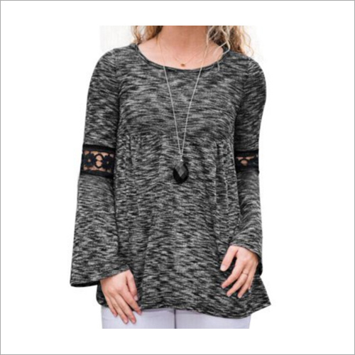 Round Collar Long Sleeve Hollow Out Lace T-Shirt