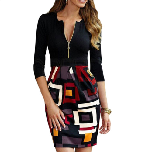 Round Collar Zipper Color Block Bodycon Dress