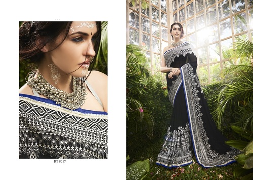 Georgette Saree - Black with Exquisite Embroidery & Lace Work | Customizable Designer Blouse Available, Timely Delivery
