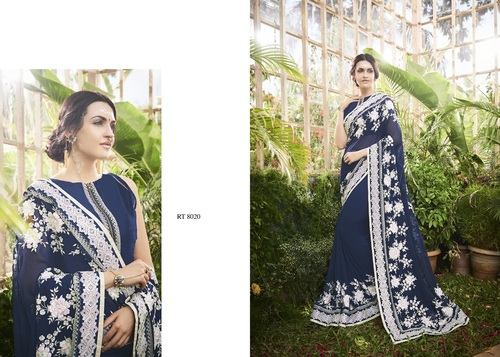 Designer Embroidered Georgette Saree - Blue with Intricate Lace Work | Customizable Blouse Sizes 36-42, Timely Delivery