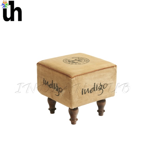 Ottoman - 100% Cotton Canvas Fabric, 40x40 cm , Solid Wood Legs in Dark Brown Finish