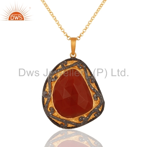 Red Onyx Gemstone Diamond Chain Pendnat