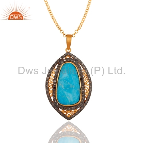 Natural Turquoise Pave Diamond Chain Pendant