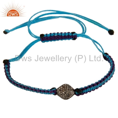 Pave Diamond Beads Macrame Bracelet - Macrame, 6-7 Inches, Blue, Adjustable Closure, Elegant Design