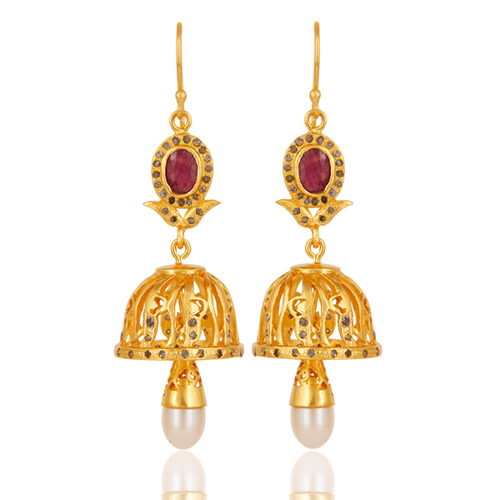 Pearl Gemstone Pave Diamond Wedding Earrings
