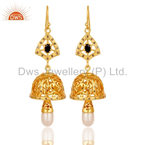 Indian Pearl Gemstone Pave Diamond Earrings - Gold Plated Sterling Silver 20x10 mm, Sapphire Ruby Accents