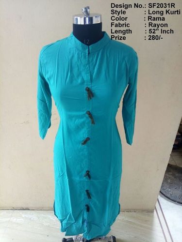 Long Kurti - Rayon, Size L/XL/XXL, Length 1320.8mm, Color Rama | 3-4th Sleeve, Ethnic Style, Suitable for Casual, Ethnic, Party Wear in Spring/Summer