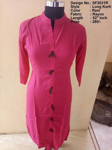 Long Kurti - Rayon, Length: 1320.8 mm, Color: Rani | Size: L, M, XL, XXL, Sleeve Style: 3-4th, Style: Ethnic, Type: Casual, Party Wear