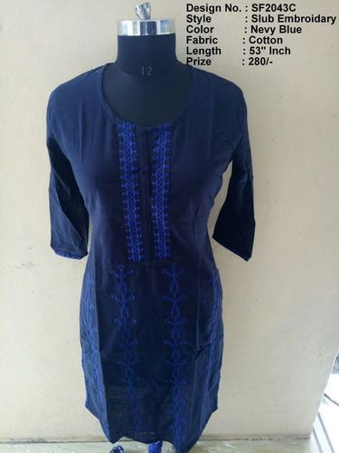 Slub Embroidary - Cotton, Length 1346.2 mm, Navy Blue | 3/4 Sleeve, Embroidered Pattern, Sizes L-XXL, Casual/Traditional/Party Wear