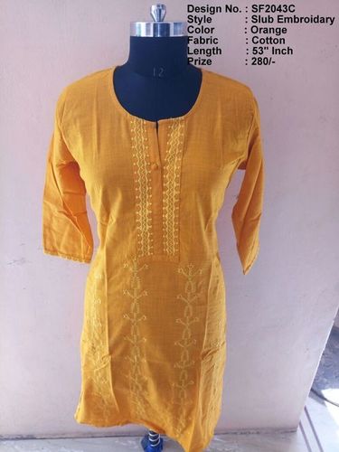 Slub Embroidary - Cotton 1346.2mm Length Orange Color | Trendy 3/4th Sleeve Comfortable Casual Ethnic and Party Wear for Girls