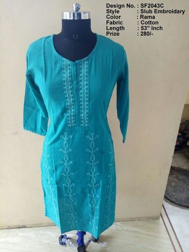 Jaipuri Kurti - Cotton Material, Length 1346.2 mm, Rama Color | Girls, 3-4th Sleeve, Trendy Casual and Ethnic Wear, Embroidered Pattern, Available in Size L, M, XL, XXL, Ideal for Spring and Summer