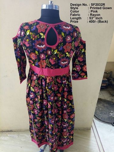 Printed Gown - Rayon, Size L/XL/XXL, Length 1346.2 mm, Color Pink | 3-4th Sleeve, Printed Pattern, Casual & Ethnic Wear for Girls