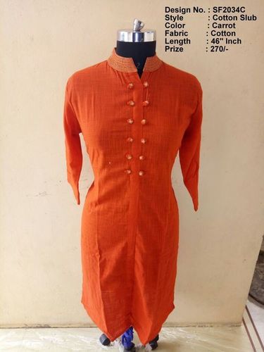Cotton Slub - Cotton Fabric, Length: 1168.4 mm, Color: Carrot | Sizes: L, M, XL, XXL, 3-4th Sleeve Style, Plain Pattern, Casual & Ethnic Wear