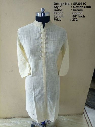 Cotton Slub - Cotton, Length 1168.4 mm, Cream Color | Girl's 3-4th Sleeve, Simple Style, Casual Ethnic Wear for Spring & Summer