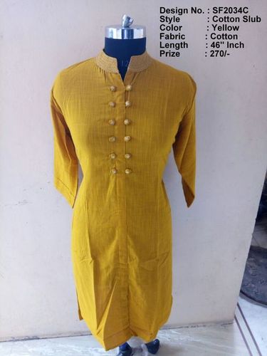 Cotton Slub - Cotton, Sizes M, L, XL, XXL, Yellow, 3-4th Sleeve, Simple Style, Plain Pattern, Casual & Formal Wear, Suitable for All Seasons