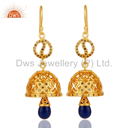 Blue Sapphire Gemstone Diamond Earrings - 925 Sterling Silver, 15x10 mm, Gold Plated, Pave Setting, Elegant Design
