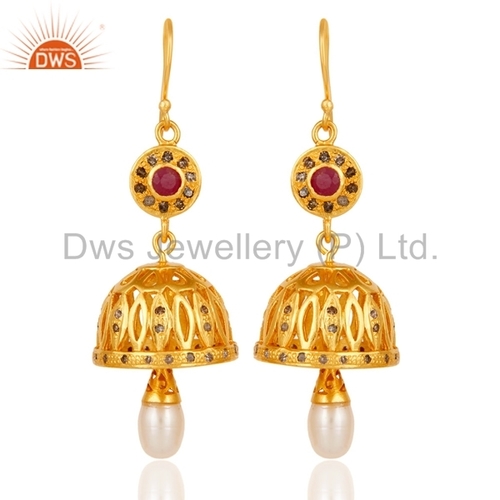 925 Silver Yellow Gold Plated Earrings - Natural Pearl Ruby Gemstone, Pave Diamond Indian Design