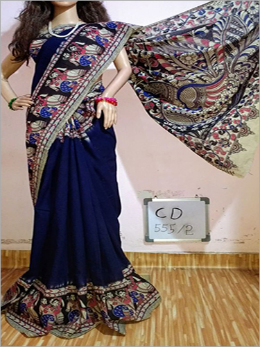 Mullal Cotton Sarees - 5.5 Meters Handloom Cotton, Navy Blue | Soft, Breathable, Handcrafted, Intricate Details, Durable