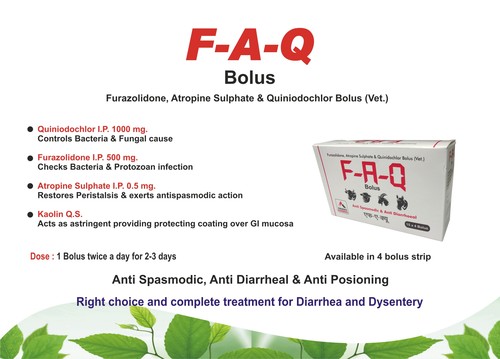 F-A-Q Bolus - Quinodochlor 1000 mg Furazolidone 500 mg Atropine Sulphate 0.5 mg Kaolin Q.S. | Nutritional Medicine for Camel Cattle Pig Sheep