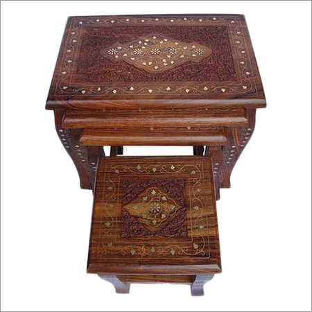 Wooden Stools - Sheesham Wood, Varying Sizes | Durable, Stackable, Polished Finish, Intricate Bone Inlay, Traditional Style