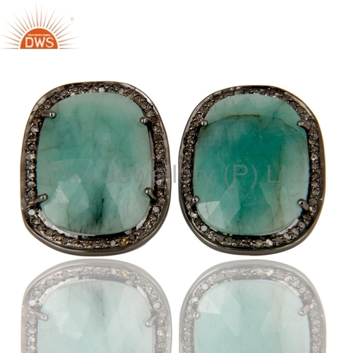 Pave Diamond Emerald Gemstone Stud Earring