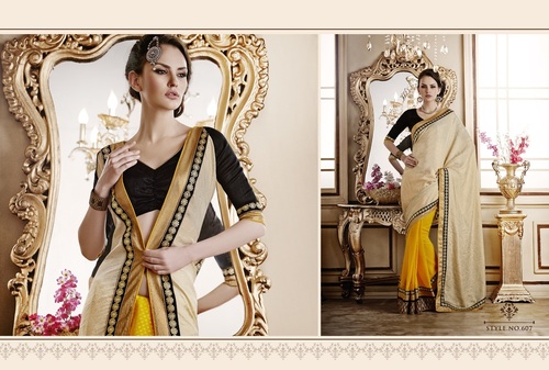 Yellow & Beige Colourful Designer Saree Online