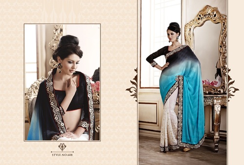 Georgette Saree - Size 36-42, White with Blue & Black Pallu | Hand Embroidery, Patched Border, Lace Work, Customized Blouse