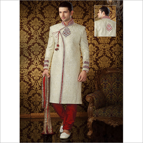 Cream Colour Banarasi Silk Sherwani