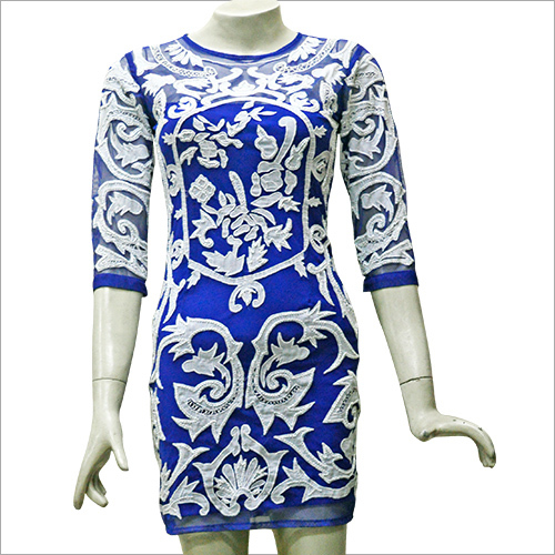 Cocktail - Polyester Lace, Small-Large, Blue | Elegant Design, Comfortable Fit, Unique Pattern, Stylish Look, Three-quarter Sleeve, Round Neck Bodycon