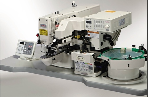 Electronically controlled, button sewing machine with automatic button feeder