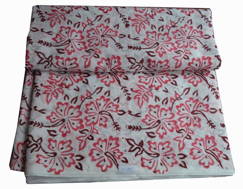 White-Red Hand Block Printed Cotton Floral Fabric