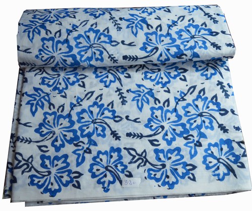 White-Blue Hand Block Printed Cotton Floral Fabric