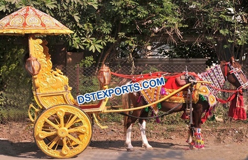 Golden Wedding Small Horse Cart - Wood, Metal, Gold Color, Polished Finish | Elegant Design, Handcrafted, Durable, Royal Look, Two-Seater, Wooden Wheels